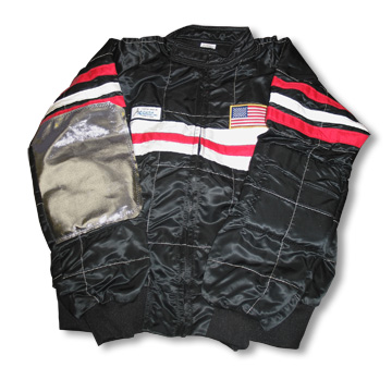 Part No. 1529, Satin Racing Jacket, Black with White Chest Panel and Red Accent Stripe