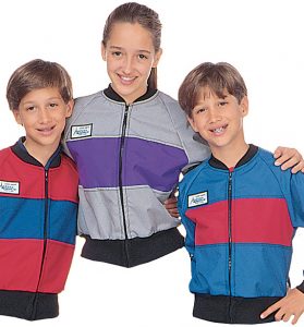 Part Nos. 1672 & 1680, 3 Azusa Classic Kids Jackets, Red with Blue Chest Panel, Silver/Gray with Purple Chest Panel, Blue with Red Chest Panel